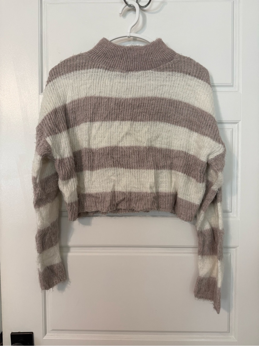 Striped Fuzzy Crop Turtleneck Sweater in Cream and Taupe